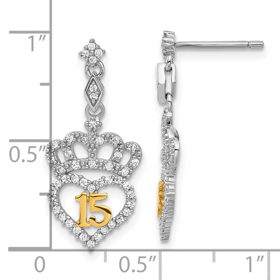 Sterling Silver Gold-Tone CZ 15 Heart Crown Post Dangle Earrings