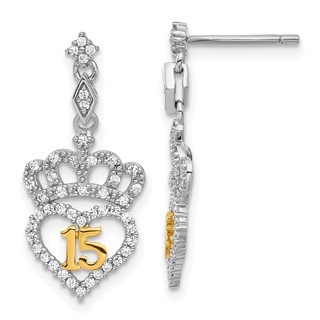 Sterling Silver Gold-Tone CZ 15 Heart Crown Post Dangle Earrings