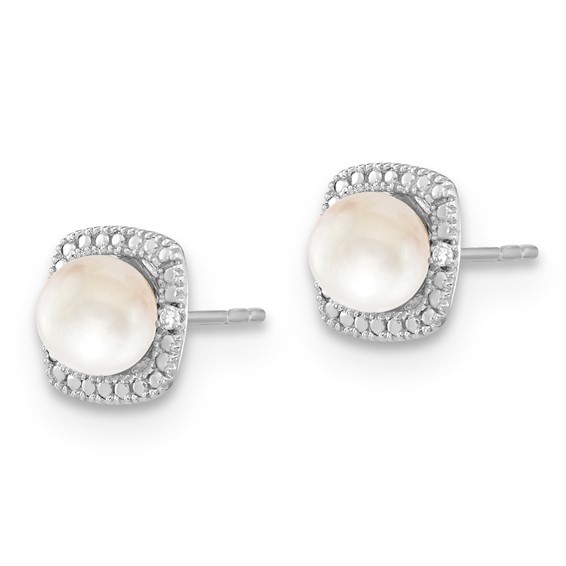 Sterling Silver Polished FWC Pearl & Diamond Button Earrings