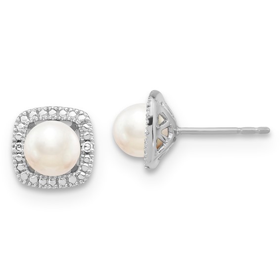 Sterling Silver Polished FWC Pearl & Diamond Button Earrings