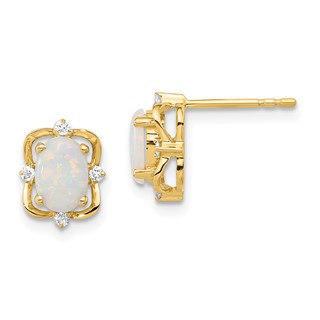 10k Polished Oval Created Opal & Diamond Post Earrings