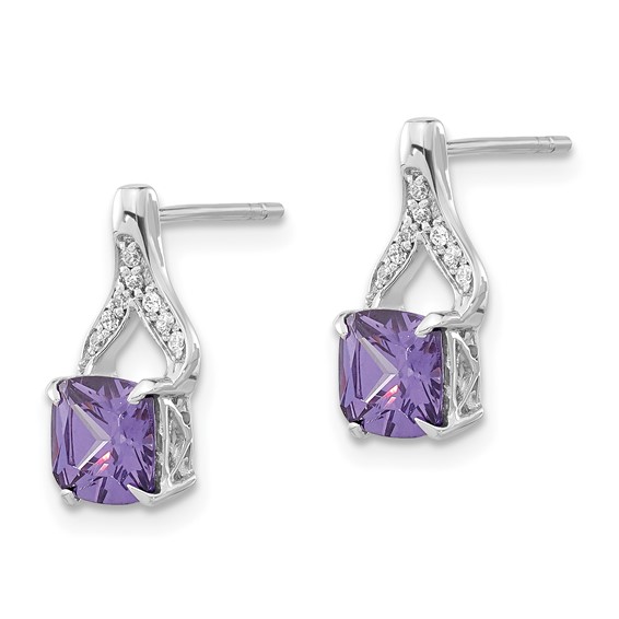 Sterling Silver Polished Square Purple & Clear CZ Post Dangle Earrings