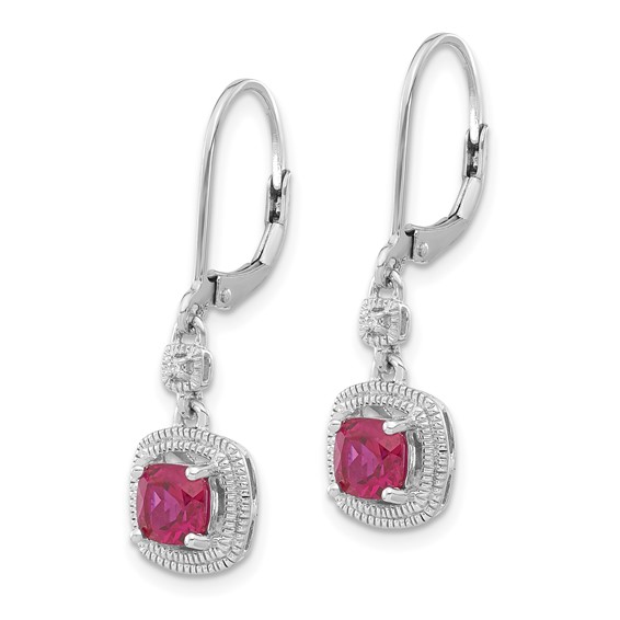 Sterling Silver Cushion Created Ruby & CZ Leverback Dangle Earrings