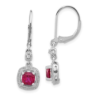 Sterling Silver Cushion Created Ruby & CZ Leverback Dangle Earrings