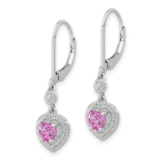 Sterling Silver Created Pink Sapphire & CZ Heart Leverback Dangle Earrings