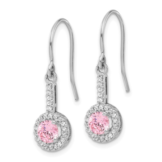 Sterling Silver Rhodium-plated Diamonore Pink/White Halo Dangle Earrings
