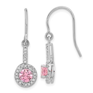 Sterling Silver Rhodium-plated Diamonore Pink/White Halo Dangle Earrings