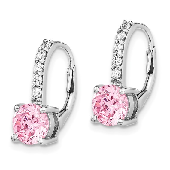 Sterling Silver Rhodium-plated Diamonore CZ Pink & White Leverback Earrings