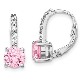 Sterling Silver Rhodium-plated Diamonore CZ Pink & White Leverback Earrings