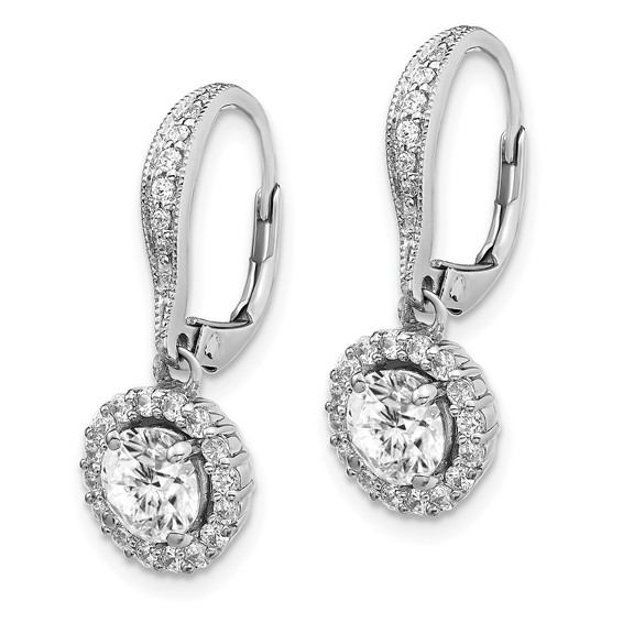 Sterling Silver Rhodium-plated Diamonore CZ Leverback Halo Dangle Earrings
