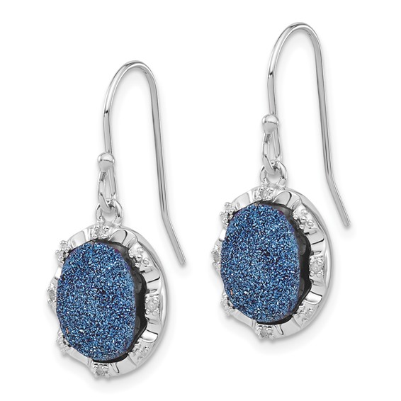 Sterling Silver Polished Blue Druzy & Diamond Oval Dangle Earrings