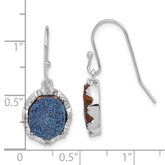 Sterling Silver Polished Blue Druzy & Diamond Oval Dangle Earrings