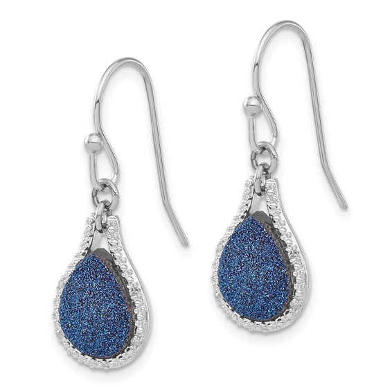 Sterling Silver Blue Druzy and Diamond Teardrop Dangle Earrings