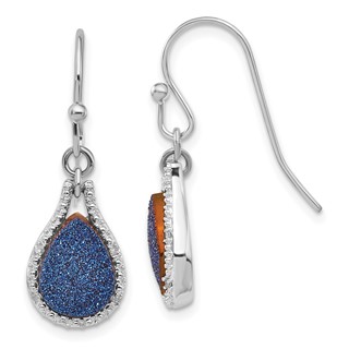 Sterling Silver Blue Druzy and Diamond Teardrop Dangle Earrings
