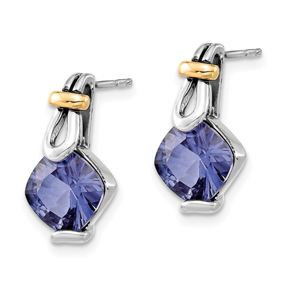 Sterling Silver and Gold-tone Lab Created Blue Stone Post Earrings