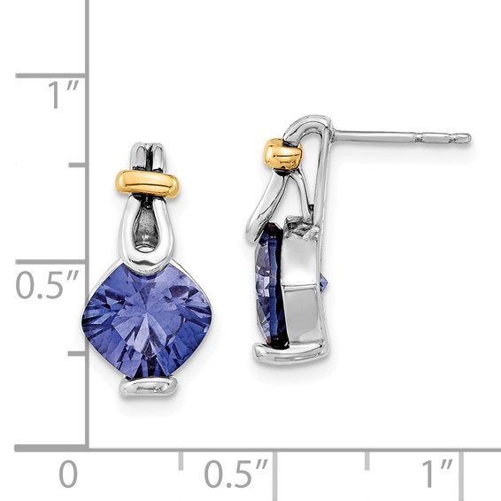 Sterling Silver and Gold-tone Lab Created Blue Stone Post Earrings