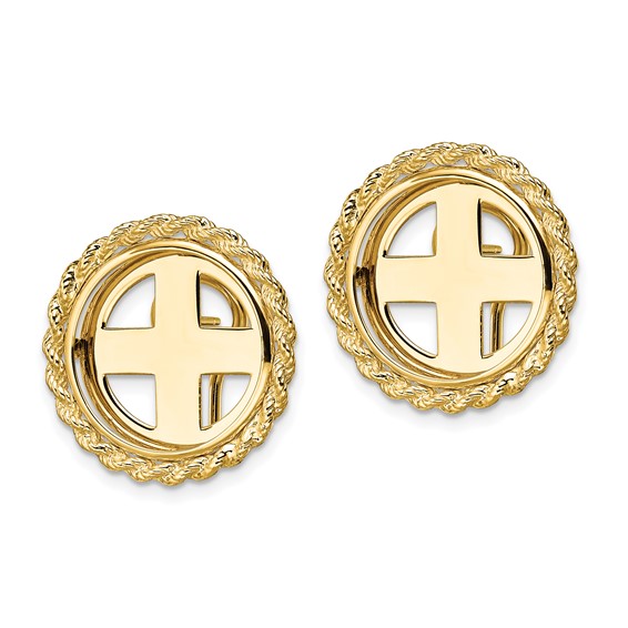 Wideband Distinguished Coin Jewelry 14k Polished Rope 16.5mm Prong Coin Bezel Omega Post Earrings