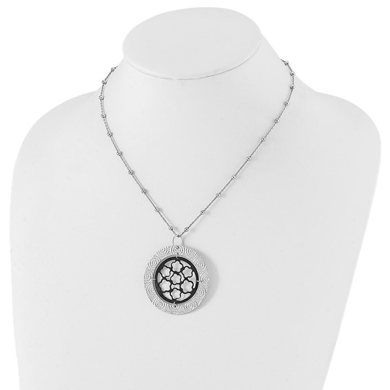 Leslie's Sterling Silver & Ruthenium-plated Beaded Floral Circle w/ 2in ext Necklace