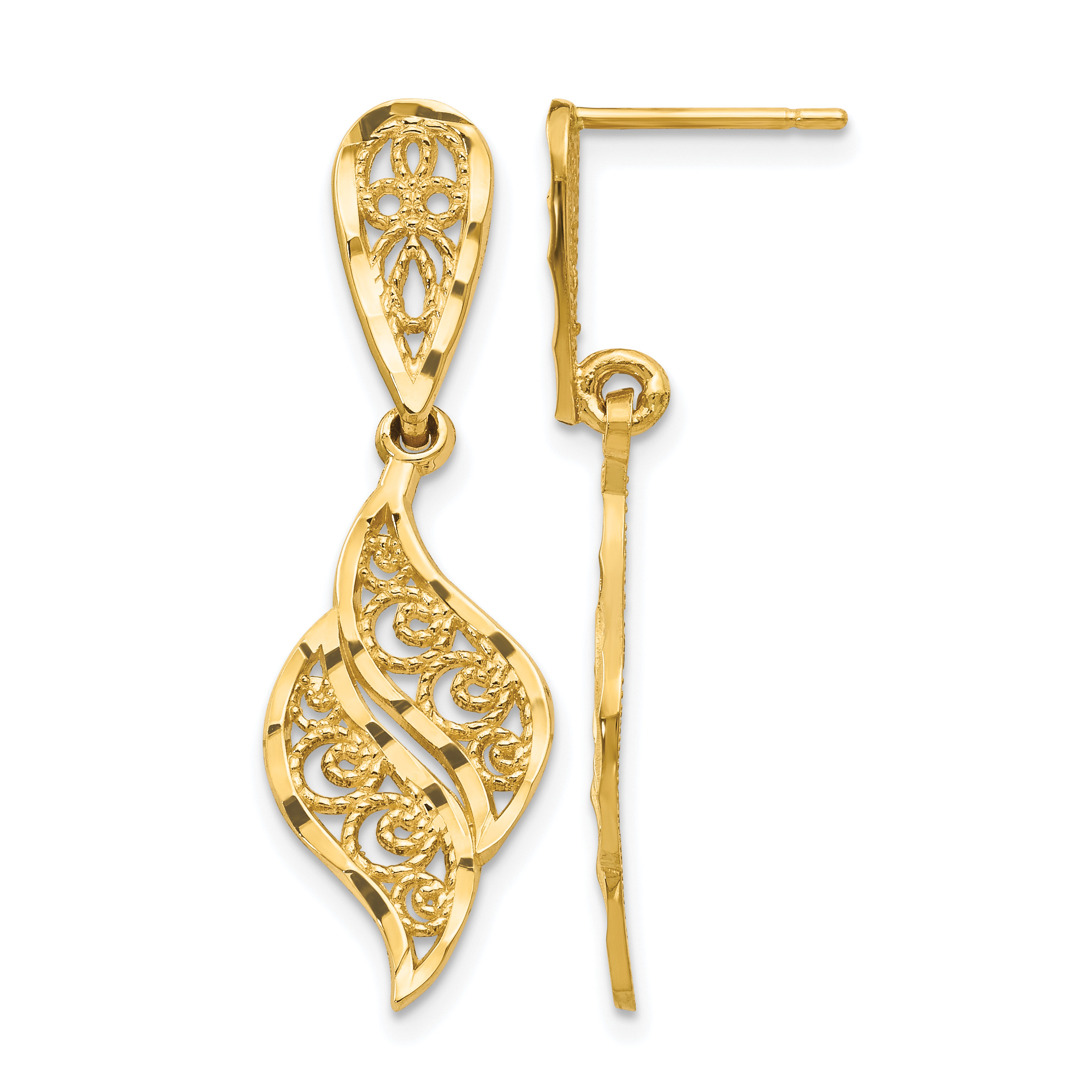 14k Polished & Diamond-Cut Filigree Swirl Dangle Post Earrings (F989)