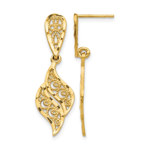14K Yellow Gold Polished Diamond-Cut Filigree Swirl Dangle Post Earrings