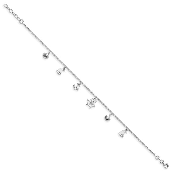 Leslie's Sterling Silver Rhodium-plated Nautical Charms 9 inch Plus 1 inch Extender - Total 10 inch Anklet