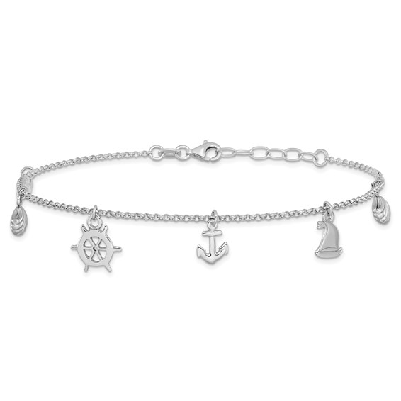 Leslie's Sterling Silver Rhodium-plated Nautical Charms 9 inch Plus 1 inch Extender - Total 10 inch Anklet
