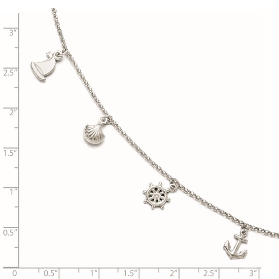Leslie's Sterling Silver Rhodium-plated Nautical Charms 9 inch Plus 1 inch Extender - Total 10 inch Anklet