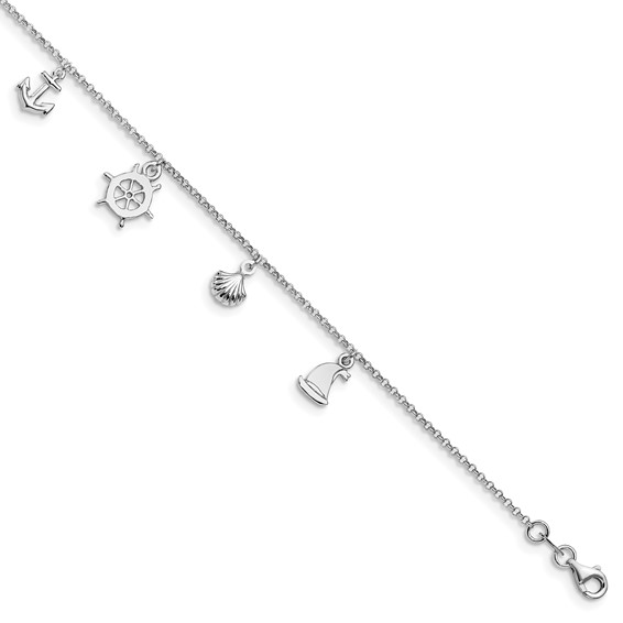 Leslie's Sterling Silver Rhodium-plated Nautical Charms 9 inch Plus 1 inch Extender - Total 10 inch Anklet
