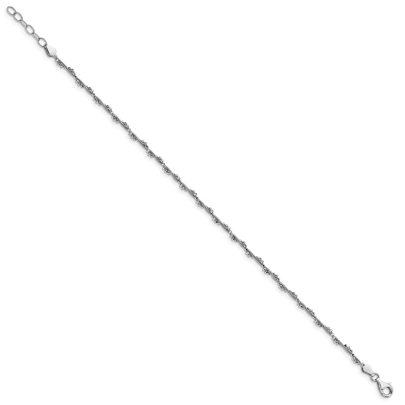 Sterling Silver Rhodium-plated Twisted Bead 9in + 1in ext. Anklet