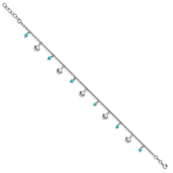 Leslie's Sterling Silver Rhodium-plated Turquoise and Shell Charms 9 inch Plus 1 inch Extender - Total 10 inch Anklet