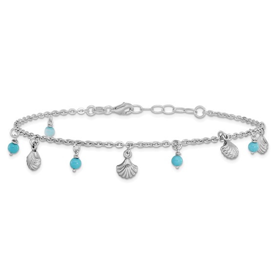 Leslie's Sterling Silver Rhodium-plated Turquoise and Shell Charms 9 inch Plus 1 inch Extender - Total 10 inch Anklet
