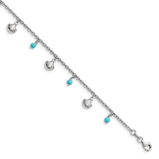 Leslie's Sterling Silver Rhodium-plated Turquoise and Shell Charms 9 inch Plus 1 inch Extender - Total 10 inch Anklet