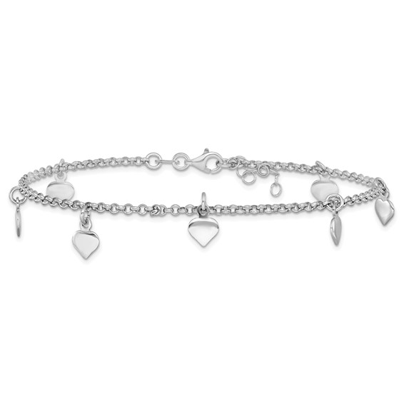 Leslie's Sterling Silver Rhodium-plated Heart Charms 9 inch Plus 1 inch Extender - Total 10 inch Anklet