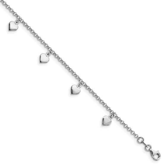Leslie's Sterling Silver Rhodium-plated Heart Charms 9 inch Plus 1 inch Extender - Total 10 inch Anklet