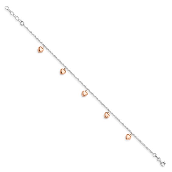 Leslie's Sterling Silver Rose-tone 18K Flash-plated Hearts 9 inch Plus 1 inch Extender - Total 10 inch Anklet