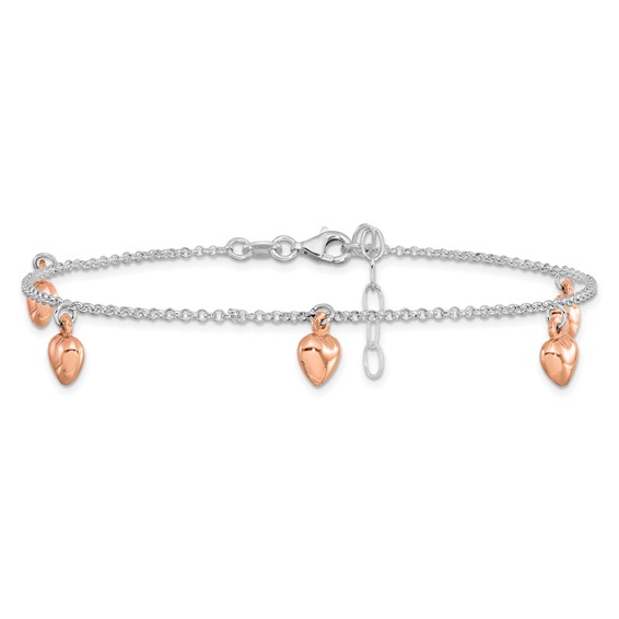 Leslie's Sterling Silver Rose-tone 18K Flash-plated Hearts 9 inch Plus 1 inch Extender - Total 10 inch Anklet