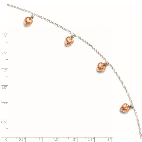 Leslie's Sterling Silver Rose-tone 18K Flash-plated Hearts 9 inch Plus 1 inch Extender - Total 10 inch Anklet