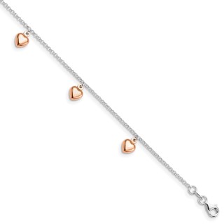 Leslie's Sterling Silver Rose-tone 18K Flash-plated Hearts 9 inch Plus 1 inch Extender - Total 10 inch Anklet