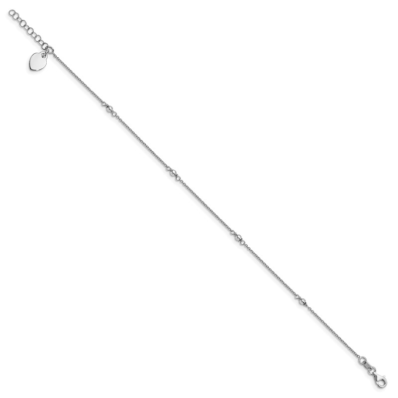Sterling Silver RH-plated Heart Charm 9in Plus w/1in ext. Anklet