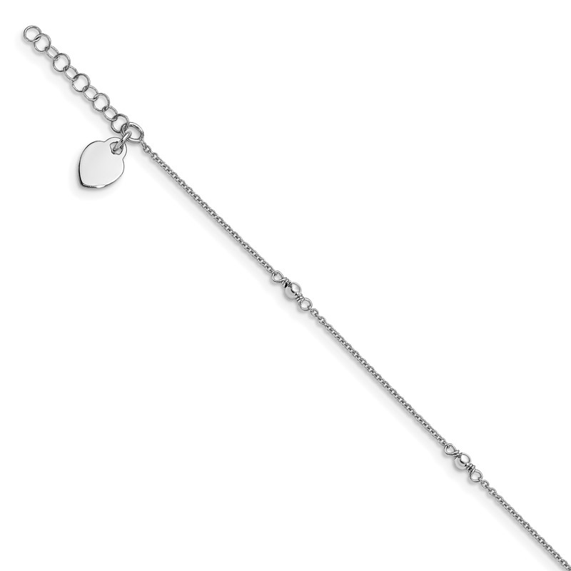 Sterling Silver RH-plated Heart Charm 9in Plus w/1in ext. Anklet