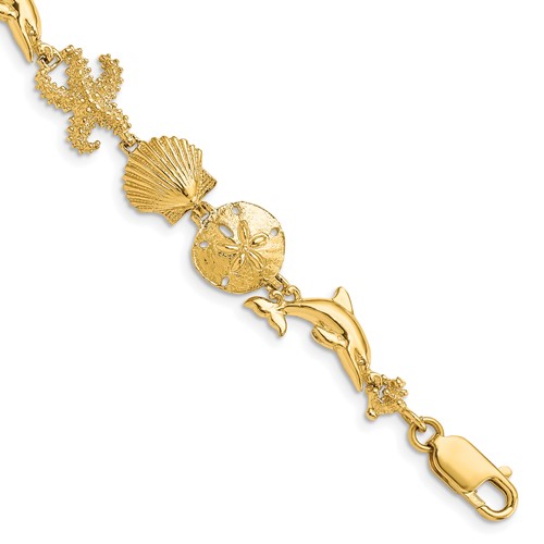 14K Yellow Gold Polished Seashore Theme Bracelet, 7.25"