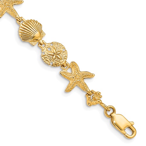 14K Yellow Gold Polished Assorted Sea Shell Theme Bracelet, 7.5"