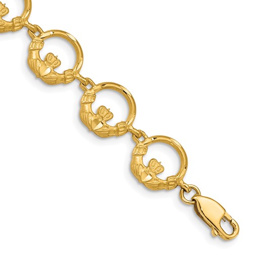 14K Yellow Gold Diamond-cut Claddagh Circle Link Bracelet, 7"