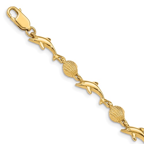 14K Polished Dolphin and Sea Shell 7 inch Bracelet