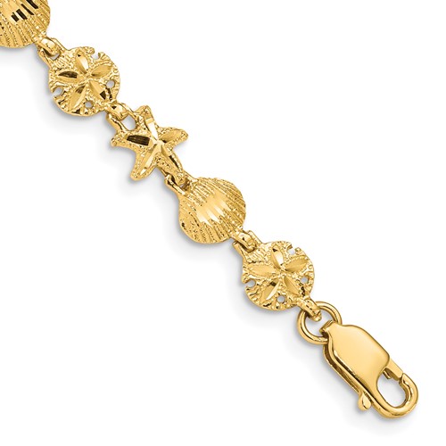 14K Yellow Gold Diamond-cut Starfish Sand Dollar Shell Bracelet, 7"