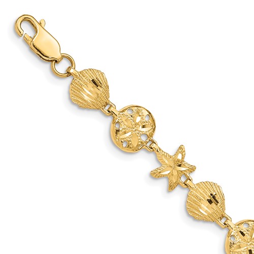 14K Yellow Gold Diamond-cut Sea Life Bracelet, 7"