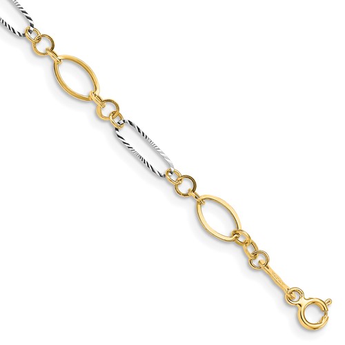 14K Two-tone Polished and Textured Oval Link Bracelet, 7.25"