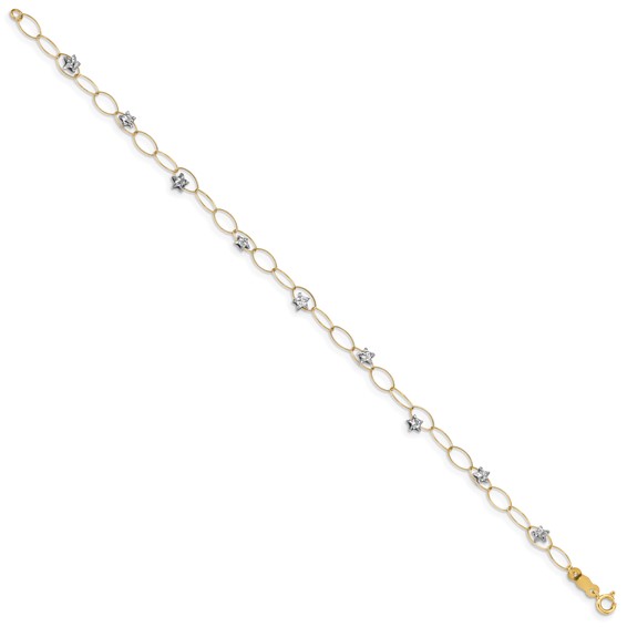 14k Two-tone Diamond-cut Puffed Stars and Oval Link 7.25 inch Bracelet