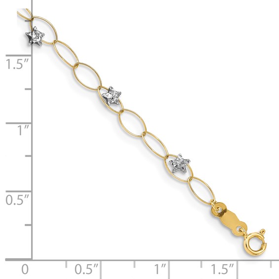 14k Two-tone Diamond-cut Puffed Stars and Oval Link 7.25 inch Bracelet