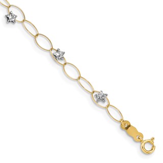 14k Two-tone Diamond-cut Puffed Stars and Oval Link 7.25 inch Bracelet
